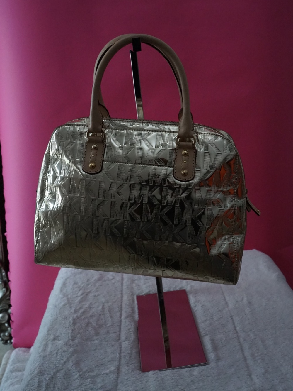 Michael Kors Metallic Gold MK Monogram Dome Satchel Handbag Top Zip